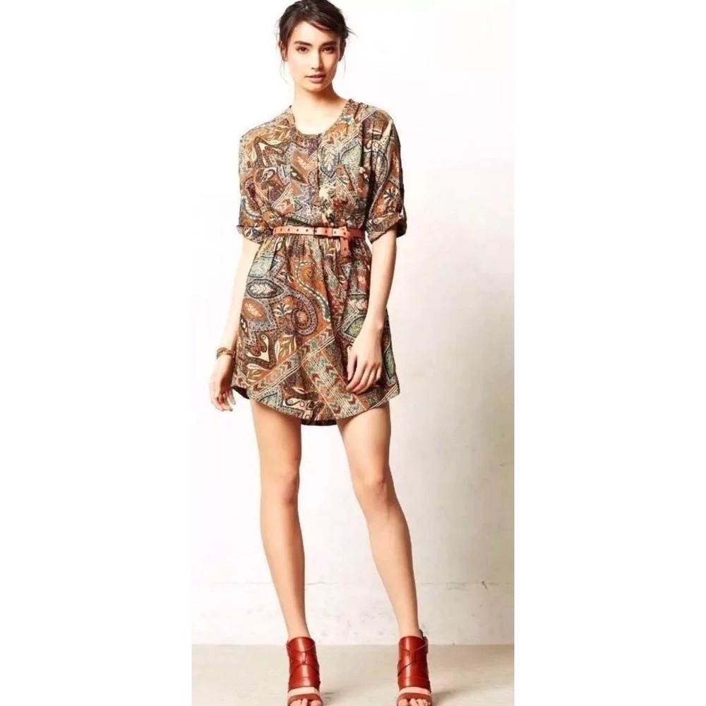 Anthropologie Holding Horses Mini Dress Bohemian Paisley Brown‎ Size 2 Western